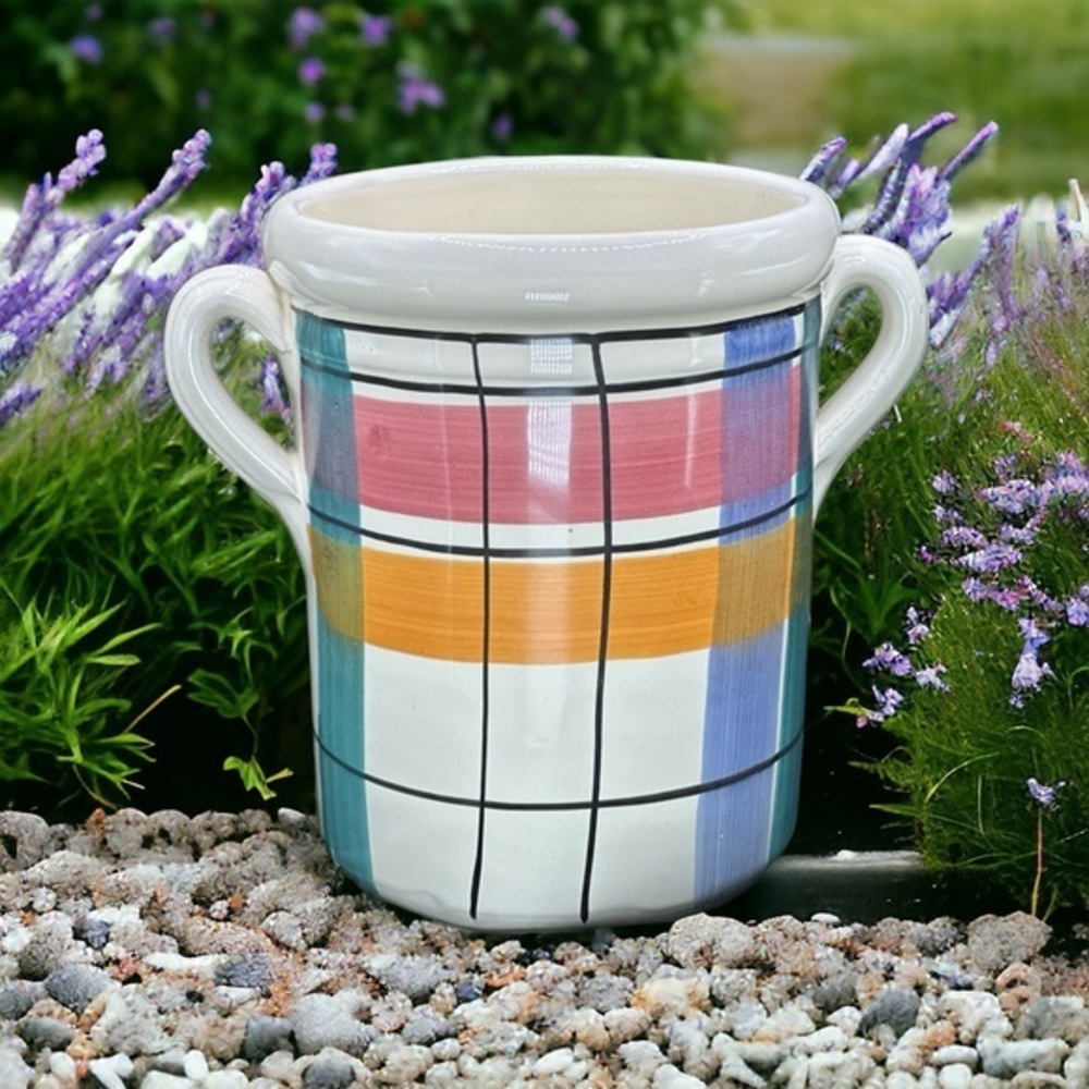Eddie Bauer Made in Italy Hand Painted Plaid Utensil Holder